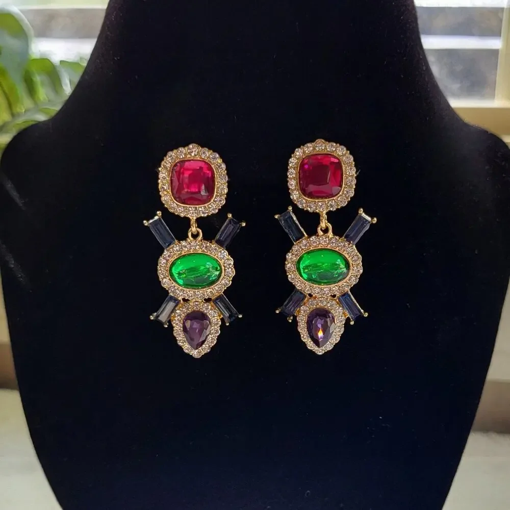 Multi-Color Jeweled Gem Statement Dangle Earrings – Gold Tone Rhinestone Drops